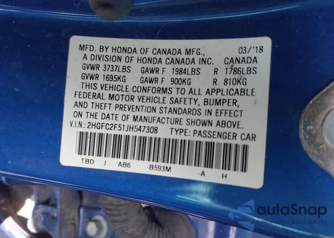 2018 Honda Civic Lx from USA, damaged, VIN 2HGFC2F51JH547308